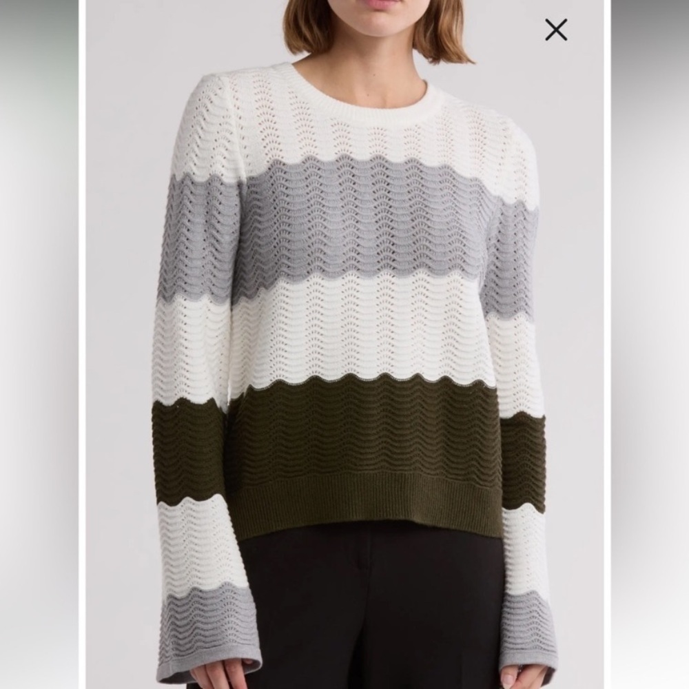 1. State Sweater Top Women’s Textured Pullover Grey White Green Striped Size L